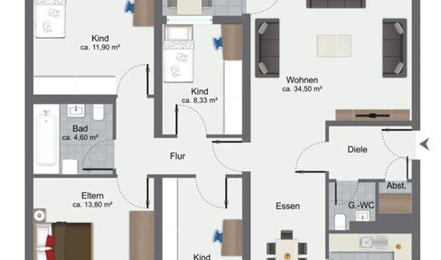 6-room apartment with balcony and guest WC suitable for shared flats